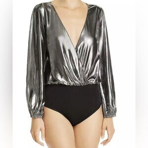French Connection‎ Silver Black Metallic Drapey Waterfall V-Neck Bodysuit US 10
